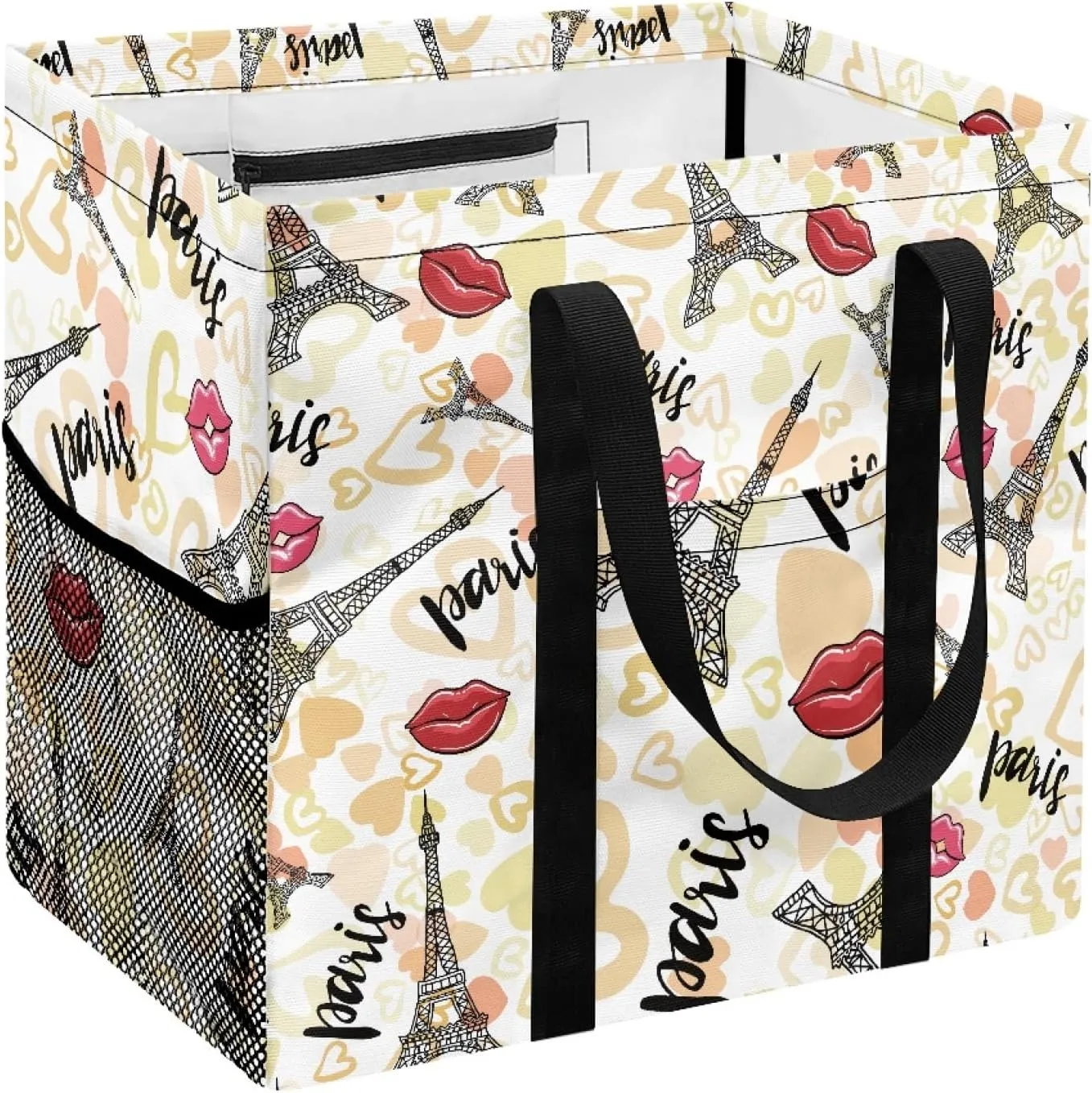 GOSTONG Reusable Grocery Bags Heavy Duty Shopping Box Foldable Saving Space Standing Tote Bags Laundry Hampers with Long Handles-Eiffel Tower