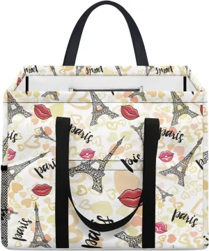 GOSTONG Reusable Grocery Bags Heavy Duty Shopping Box Foldable Saving Space Standing Tote Bags Laundry Hampers with Long Handles-Eiffel Tower