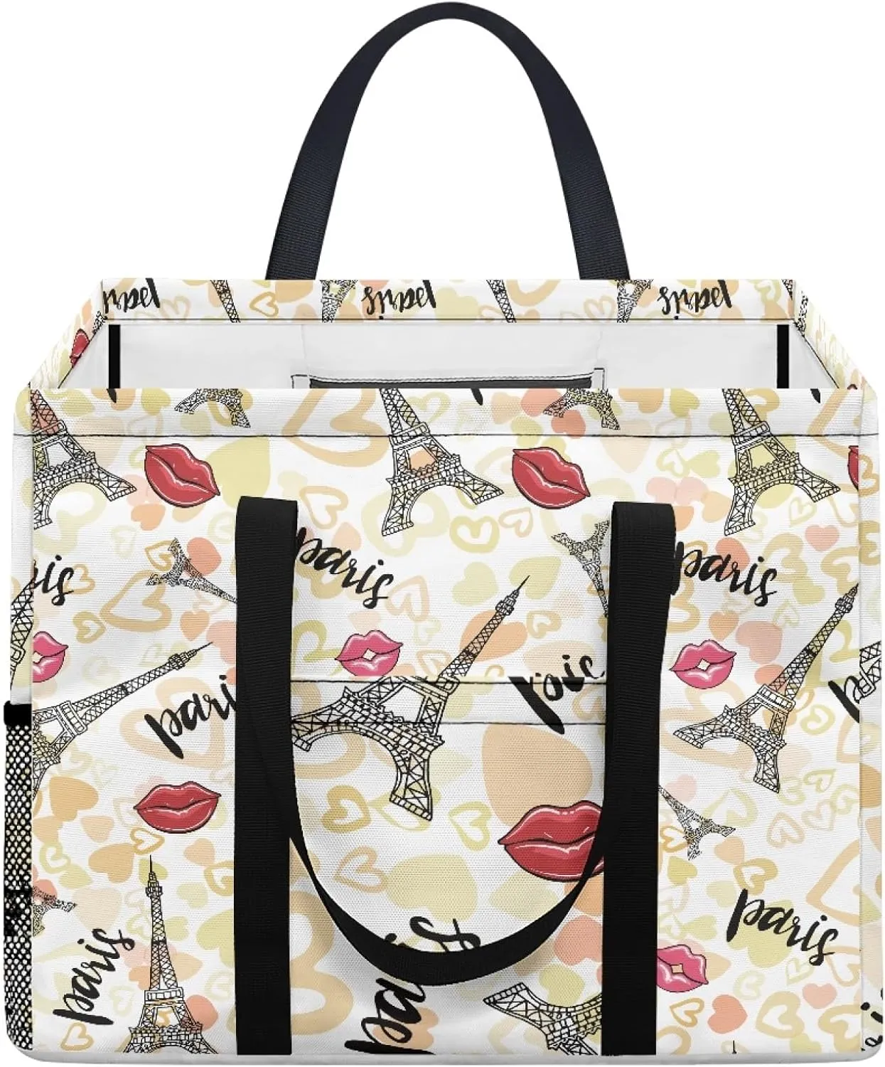 GOSTONG Reusable Grocery Bags Heavy Duty Shopping Box Foldable Saving Space Standing Tote Bags Laundry Hampers with Long Handles-Eiffel Tower