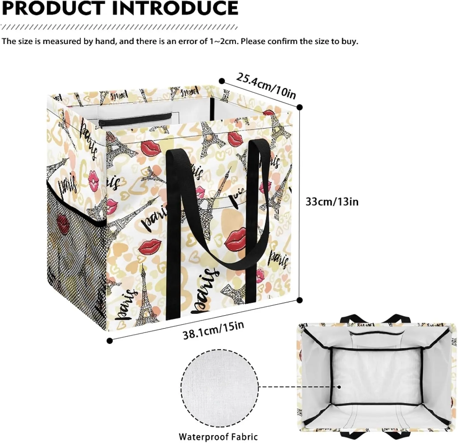 GOSTONG Reusable Grocery Bags Heavy Duty Shopping Box Foldable Saving Space Standing Tote Bags Laundry Hampers with Long Handles-Eiffel Tower
