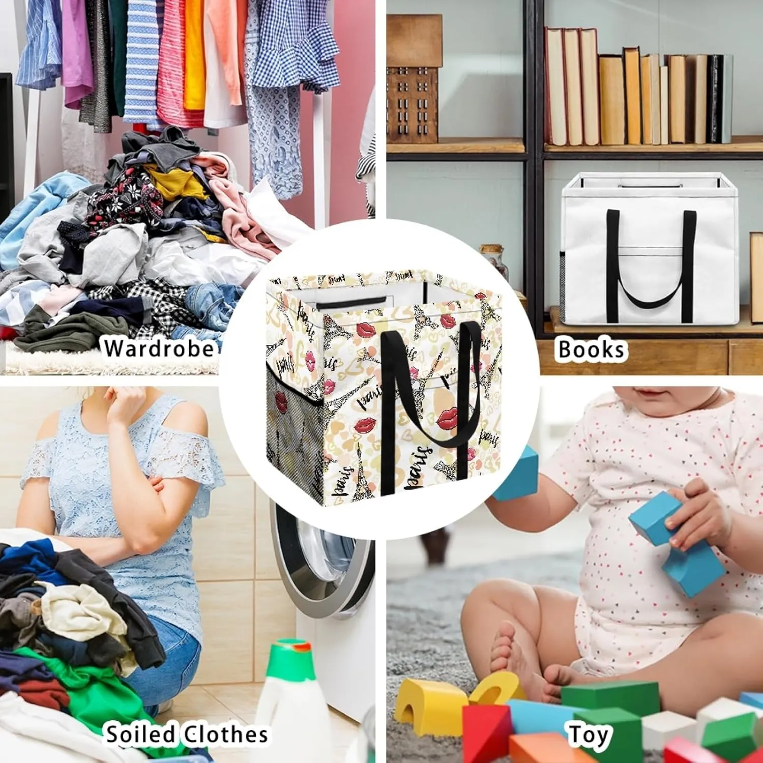 GOSTONG Reusable Grocery Bags Heavy Duty Shopping Box Foldable Saving Space Standing Tote Bags Laundry Hampers with Long Handles-Eiffel Tower
