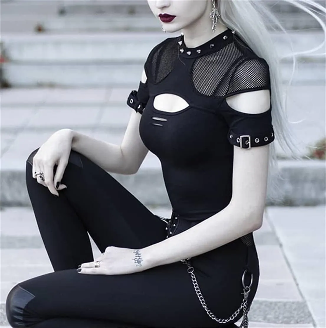 Gothic Crop Top for Women Goth Fairy Grunge Tank Tops Punk T-Shirt Streetwear Workout Tees Emo Blouse