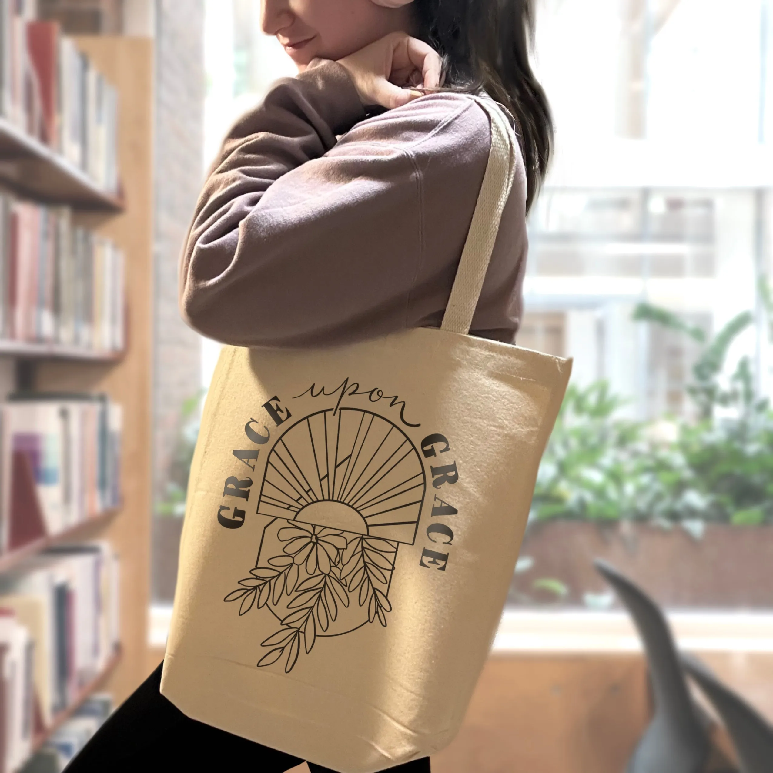Grace upon Grace- Sturdy Canvas Tote Bags with Bottom 15"W x 16"H x 3"D