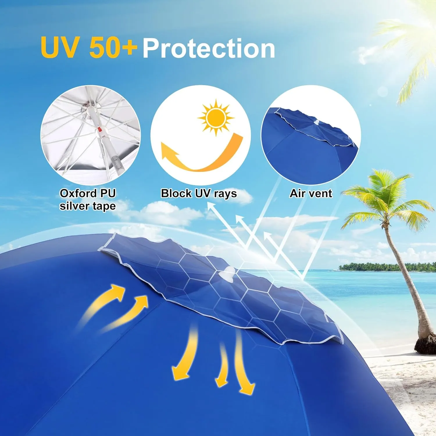 Grandekor 7FT Beach Umbrellas for Sand Heavy Duty Wind Portable Beach Umbrella with Table Travel Beach Umbrella with Carry Bag Sun Umbrella Beach, UV 50 