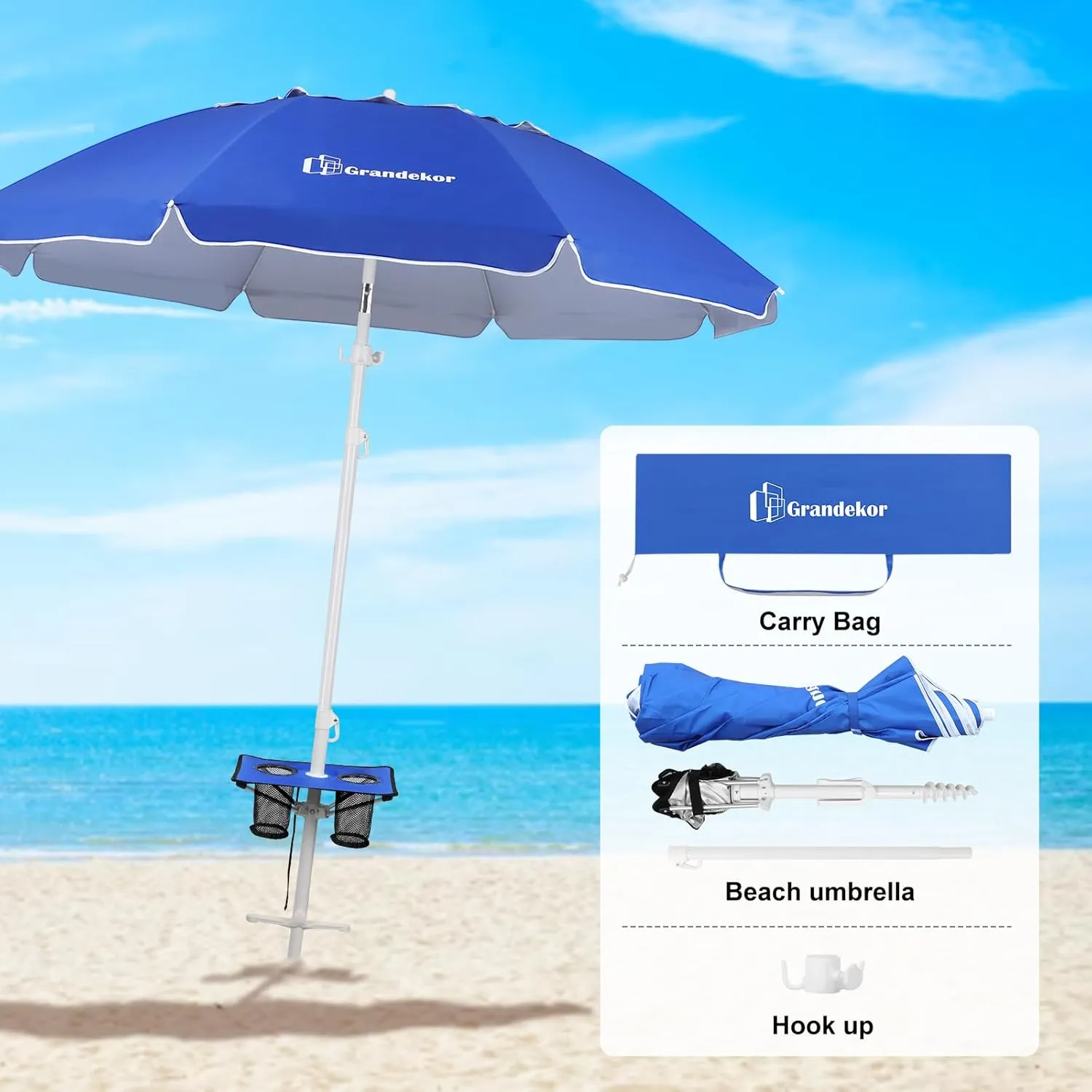 Grandekor 7FT Beach Umbrellas for Sand Heavy Duty Wind Portable Beach Umbrella with Table Travel Beach Umbrella with Carry Bag Sun Umbrella Beach, UV 50 