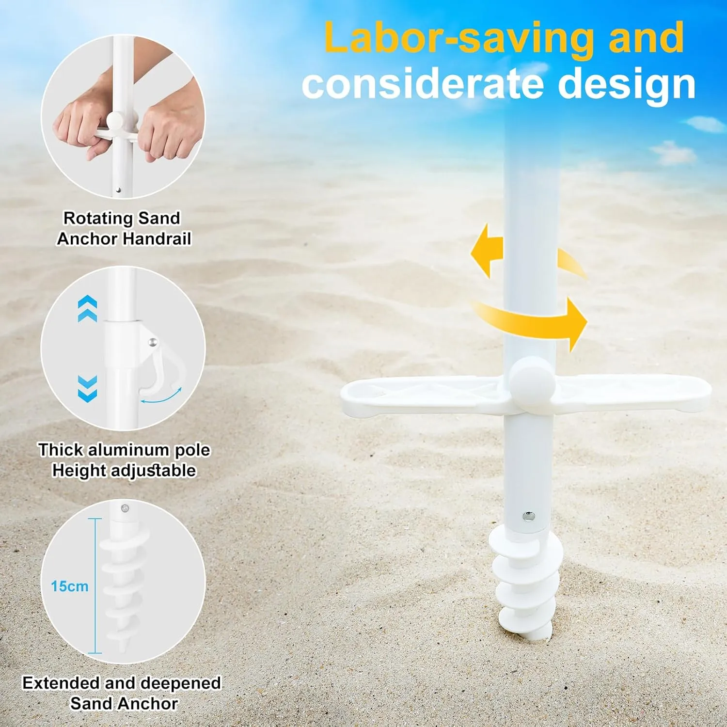 Grandekor 7FT Beach Umbrellas for Sand Heavy Duty Wind Portable Beach Umbrella with Table Travel Beach Umbrella with Carry Bag Sun Umbrella Beach, UV 50 