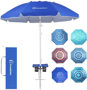 Grandekor 7FT Beach Umbrellas for Sand Heavy Duty Wind Portable Beach Umbrella with Table Travel Beach Umbrella with Carry Bag Sun Umbrella Beach, UV 50 