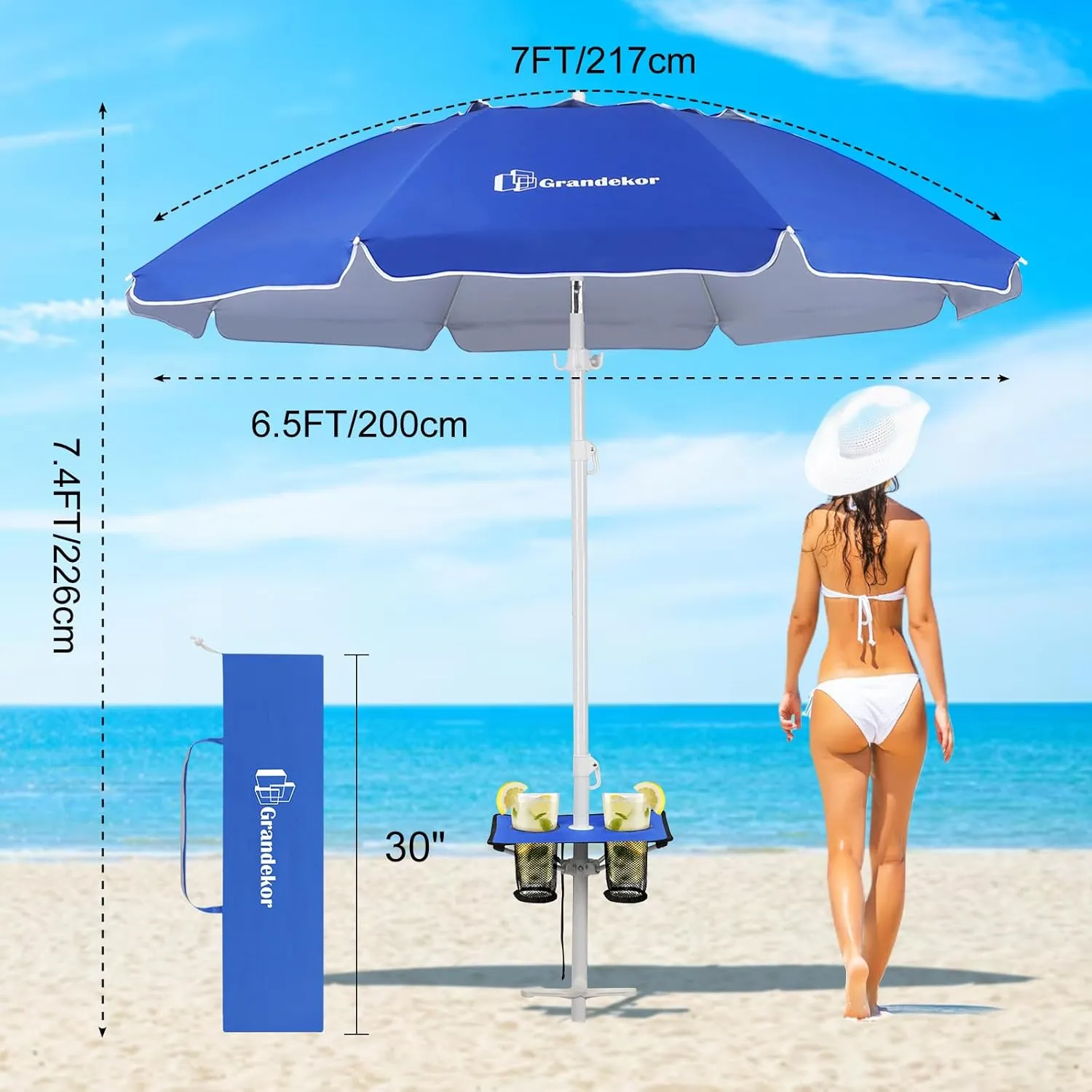 Grandekor 7FT Beach Umbrellas for Sand Heavy Duty Wind Portable Beach Umbrella with Table Travel Beach Umbrella with Carry Bag Sun Umbrella Beach, UV 50 