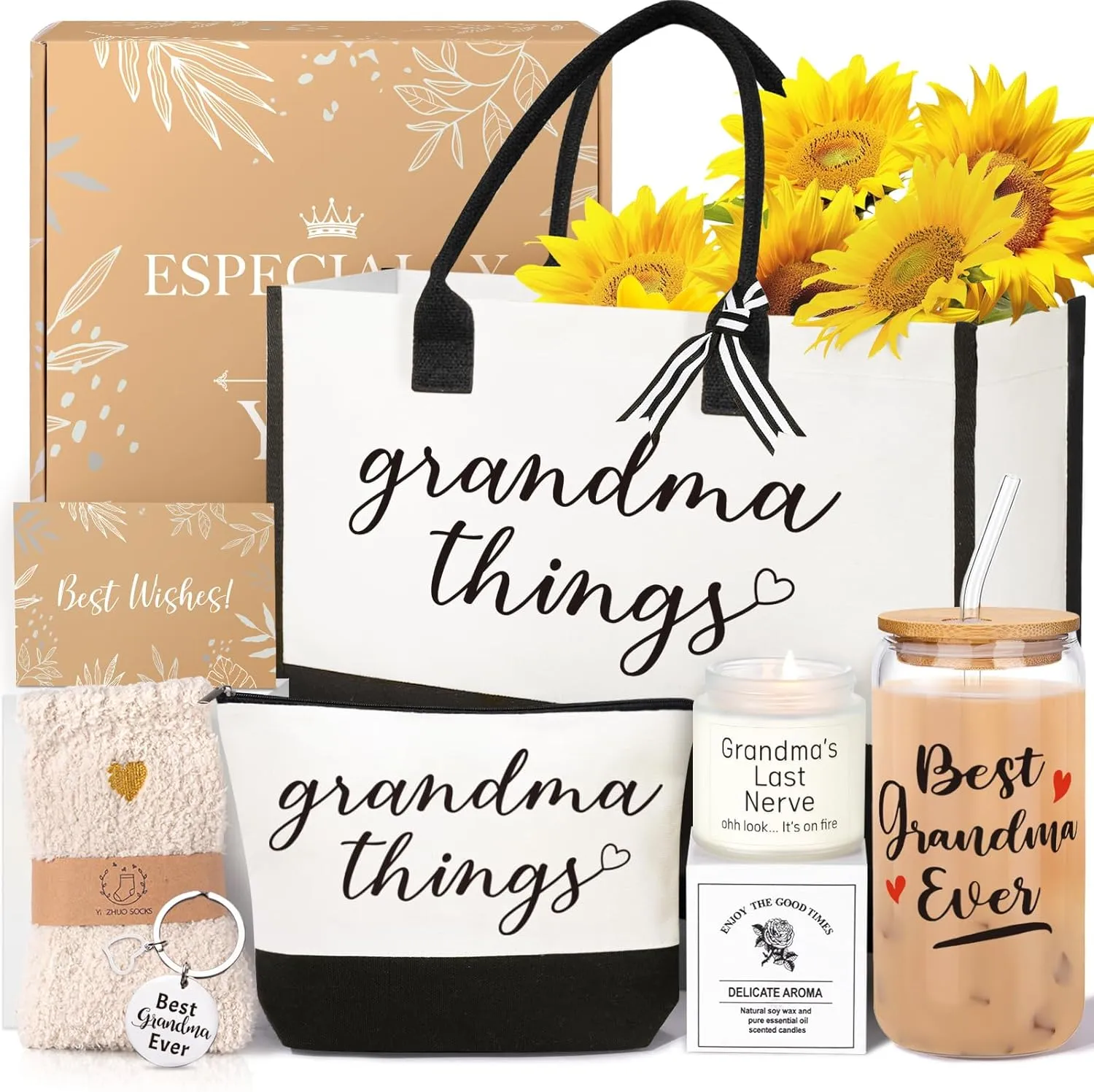 Grandma Gifts, Birthday & Mothers Day Gifts For Grandma, Best Grandmother Gift Set from Granddaughter Grandkids - Unique Canvas Tote Bag Makeup Bag 16 Oz Can Glass Care Package for Women