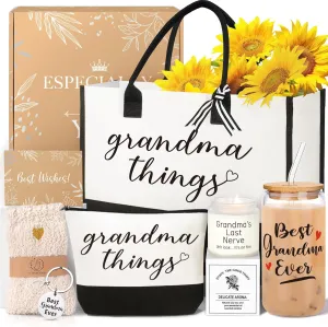 Grandma Gifts, Birthday & Mothers Day Gifts For Grandma, Best Grandmother Gift Set from Granddaughter Grandkids - Unique Canvas Tote Bag Makeup Bag 16 Oz Can Glass Care Package for Women