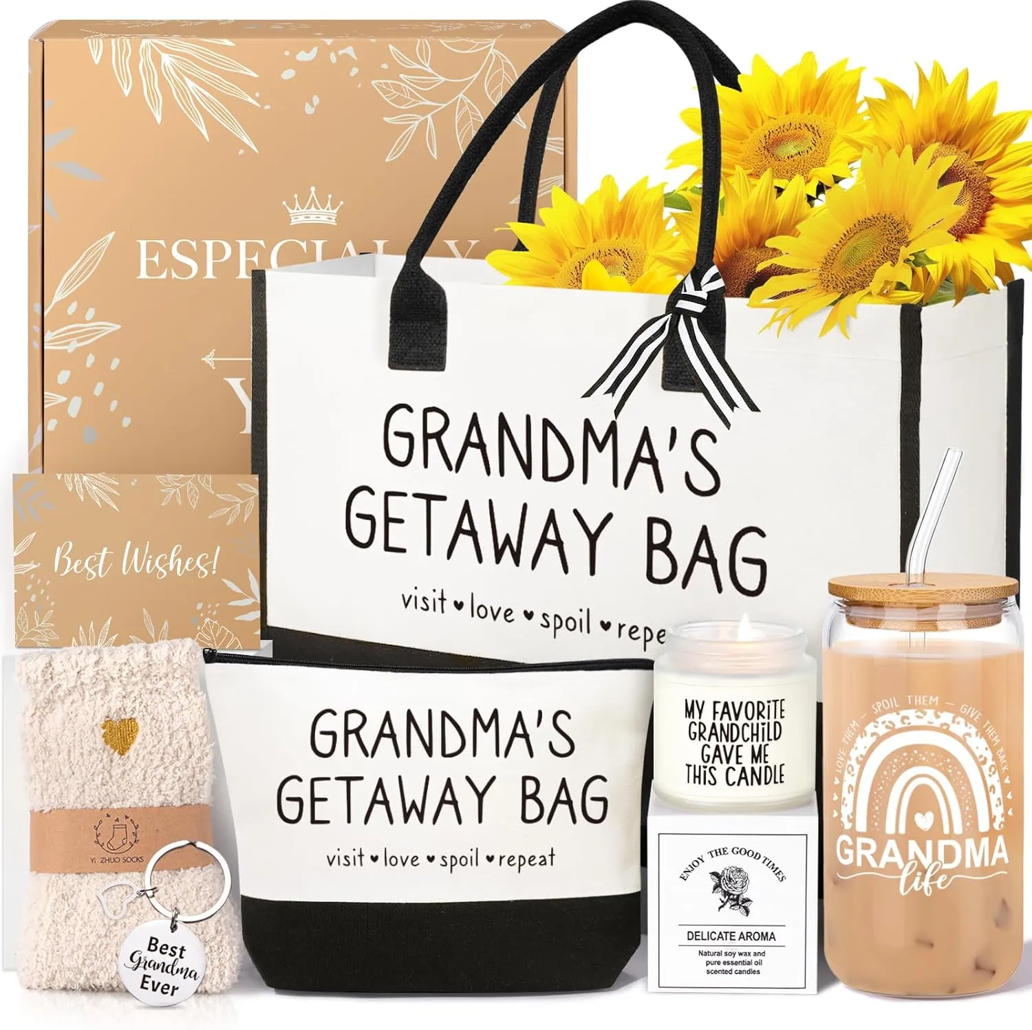 Grandma Gifts - Birthday Mothers Day Gifts for Grandma, Canvas Tote Bag Makeup Bag Tumbler Gift Set from Granddaughter Grandson Grandchildren, Thanksgiving Ideas Gift for Grandmother