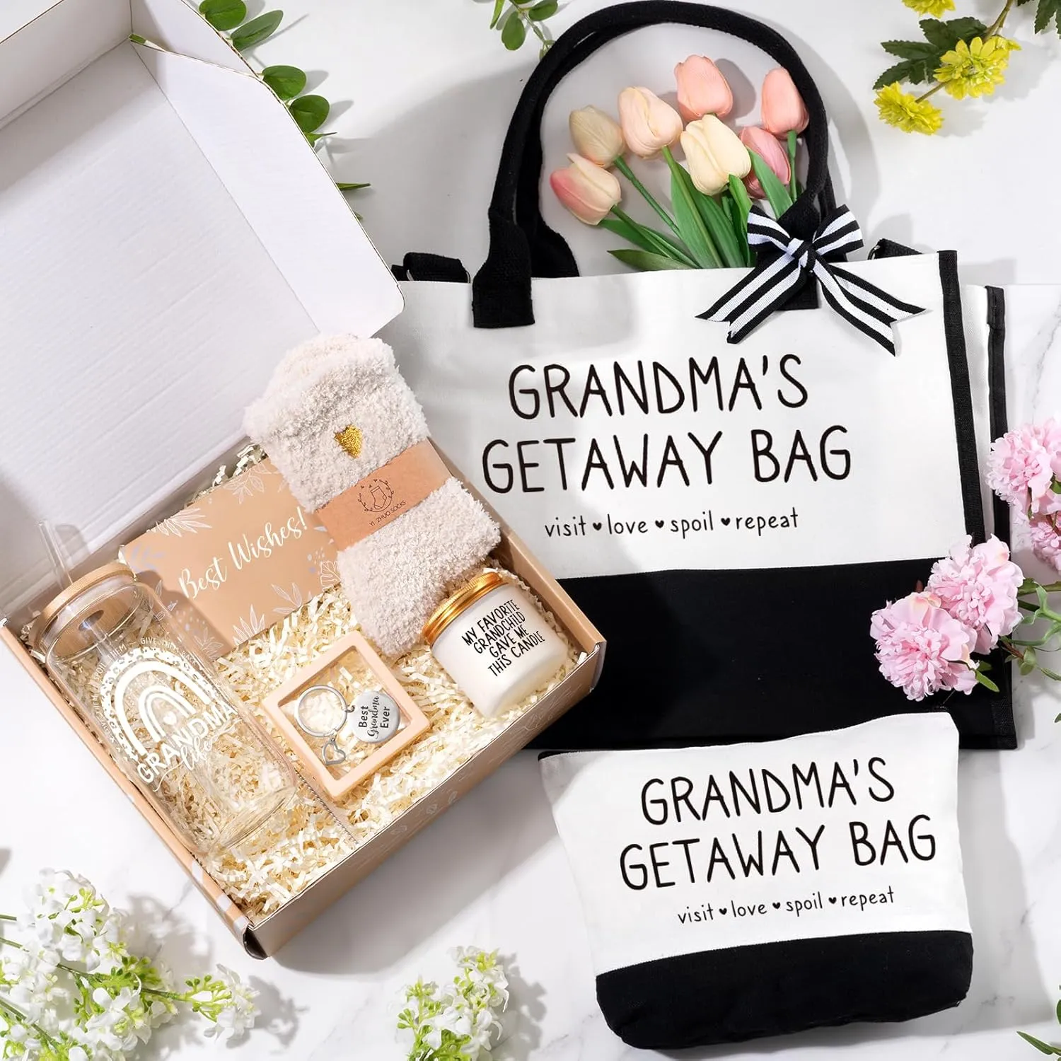 Grandma Gifts - Birthday Mothers Day Gifts for Grandma, Canvas Tote Bag Makeup Bag Tumbler Gift Set from Granddaughter Grandson Grandchildren, Thanksgiving Ideas Gift for Grandmother