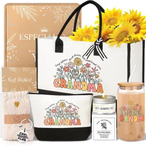 Grandma Gifts for Women Birthday Mothers Day Gifts Set from Granddaughter Grandson Grandchildren, 16 Oz Glass Cup Canvas Tote Bag Gift Basket Thanksgiving Ideas Gift for Grandmother