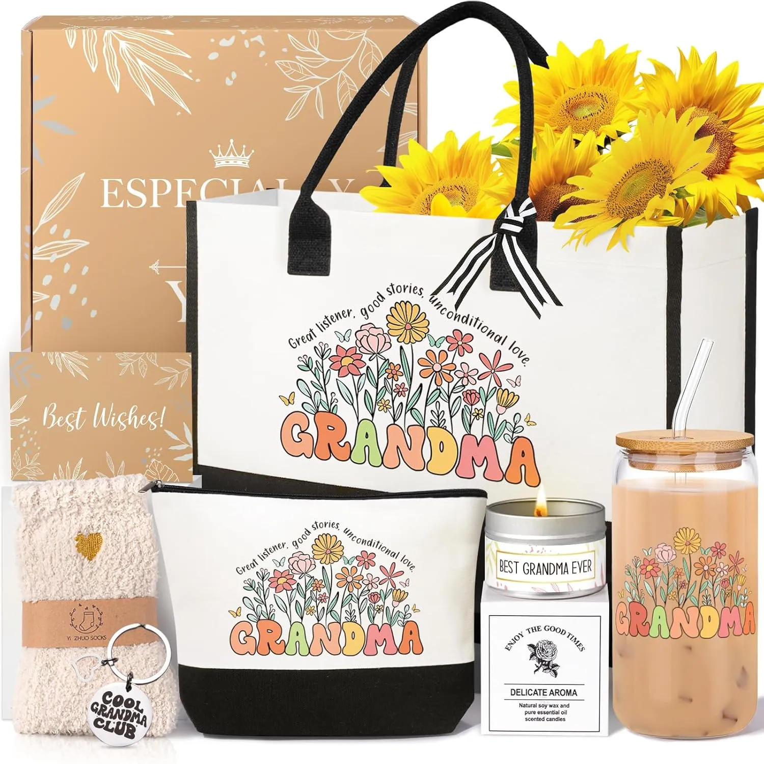 Grandma Gifts for Women Birthday Mothers Day Gifts Set from Granddaughter Grandson Grandchildren, 16 Oz Glass Cup Canvas Tote Bag Gift Basket Thanksgiving Ideas Gift for Grandmother