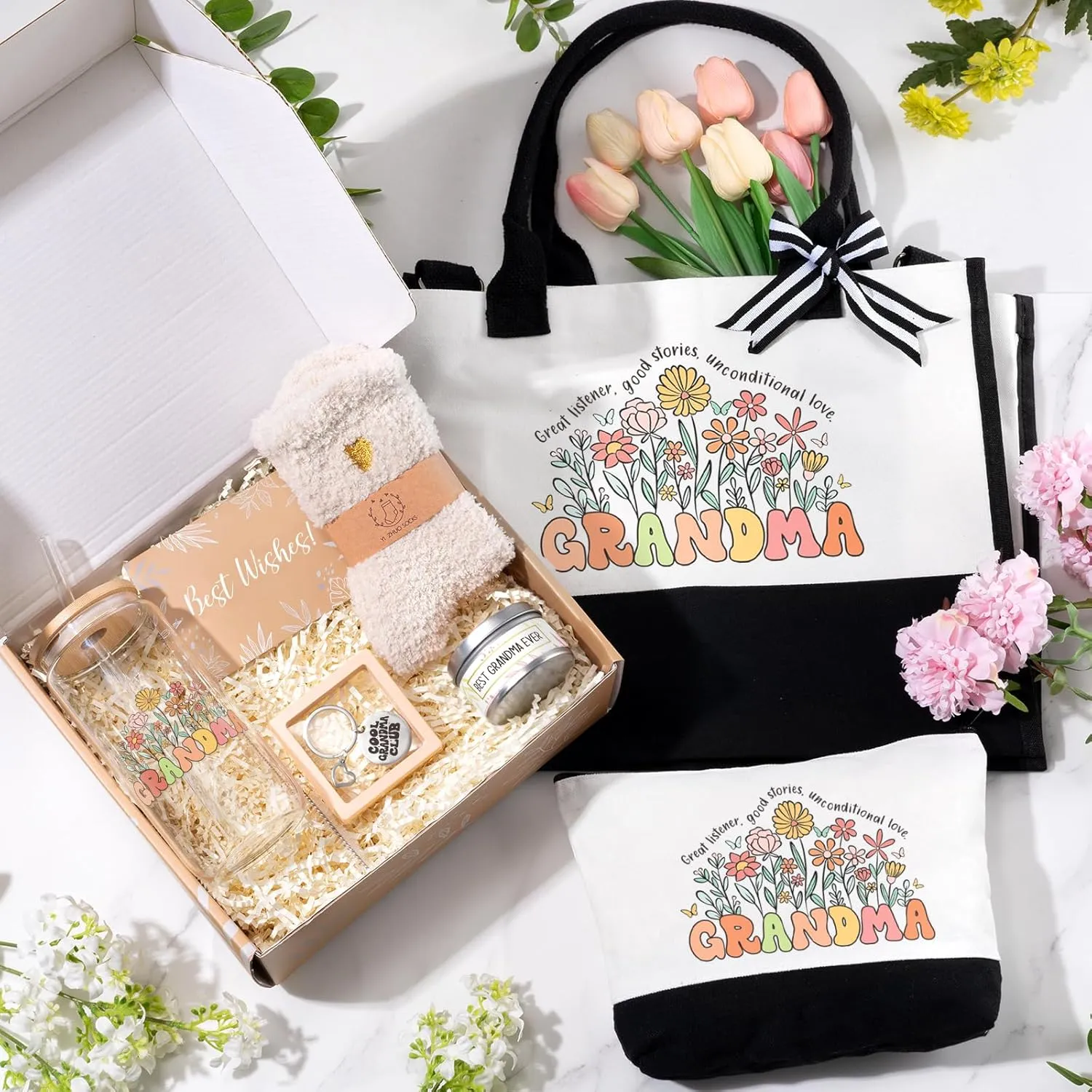 Grandma Gifts for Women Birthday Mothers Day Gifts Set from Granddaughter Grandson Grandchildren, 16 Oz Glass Cup Canvas Tote Bag Gift Basket Thanksgiving Ideas Gift for Grandmother