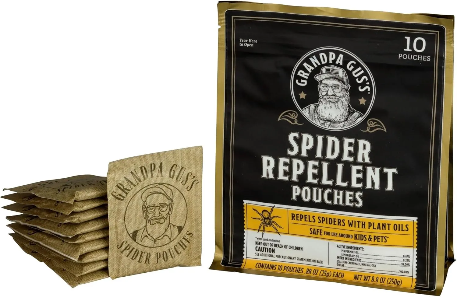 Grandpa Gus's Natural Spider Repellent Pouches, Spider Deterrent with Peppermint and Lemongrass Oil, Indoor Pest Control for Closet, Basement, Cabin, Shed, RV & Garage, 8.8 oz Each (10 Pouches)