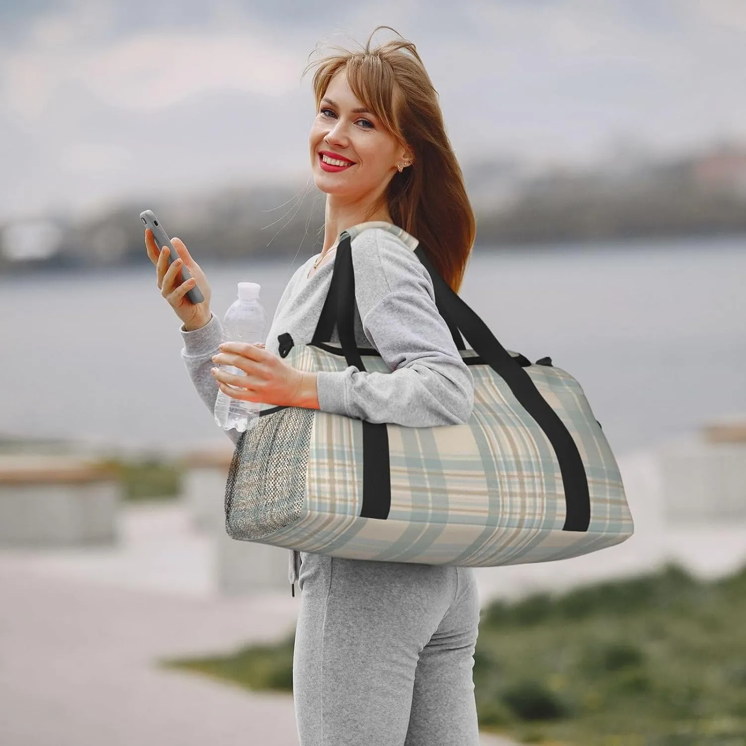 Gray Blue Stripes Travel Duffel Bag Large Foldable Waterproof Overnight Bag For Beach Swim Bags Pool Sports Gym