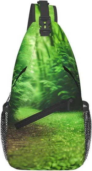 Green Nature Print Sling Bag Crossbody Backpack For Women Men Hiking Travel Over The Shoulder Multipurpose Bag