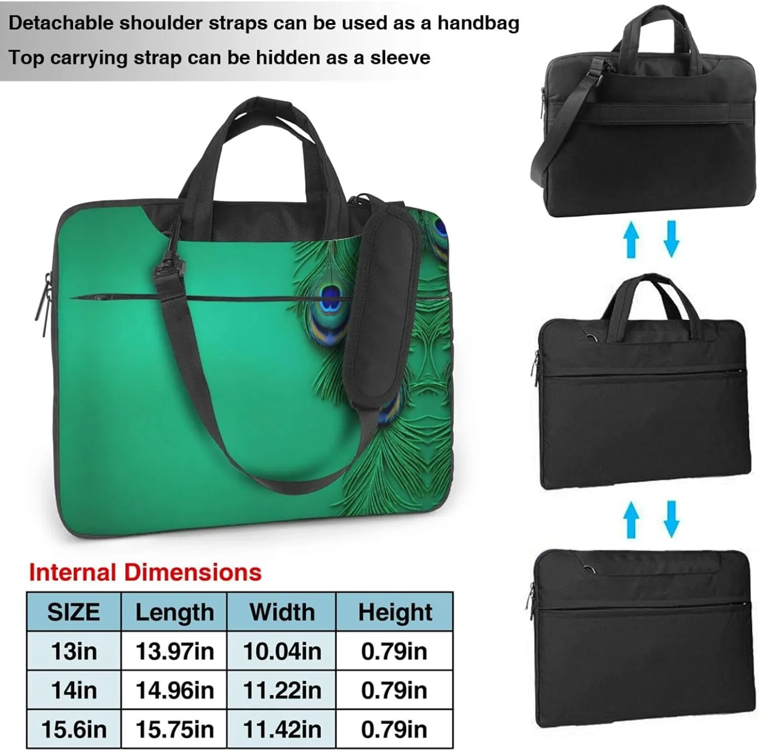 Green Peacock Feather Print Messenger Bag & Case Shoulder Strap Fashionable Laptop Bag for Business Travel