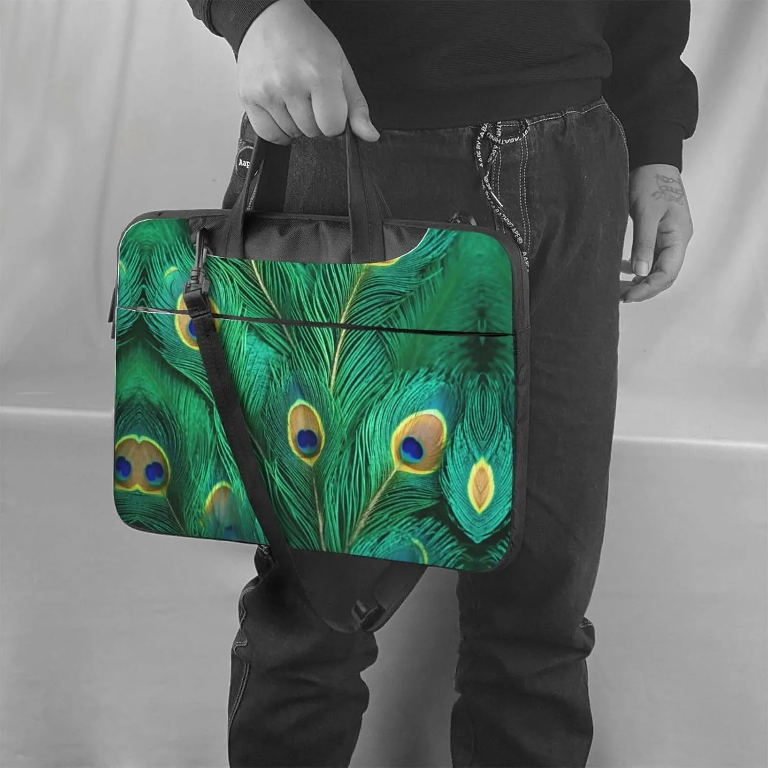 Green Peacock Feather Print Messenger Bag & Case Shoulder Strap Fashionable Laptop Bag for Business Travel