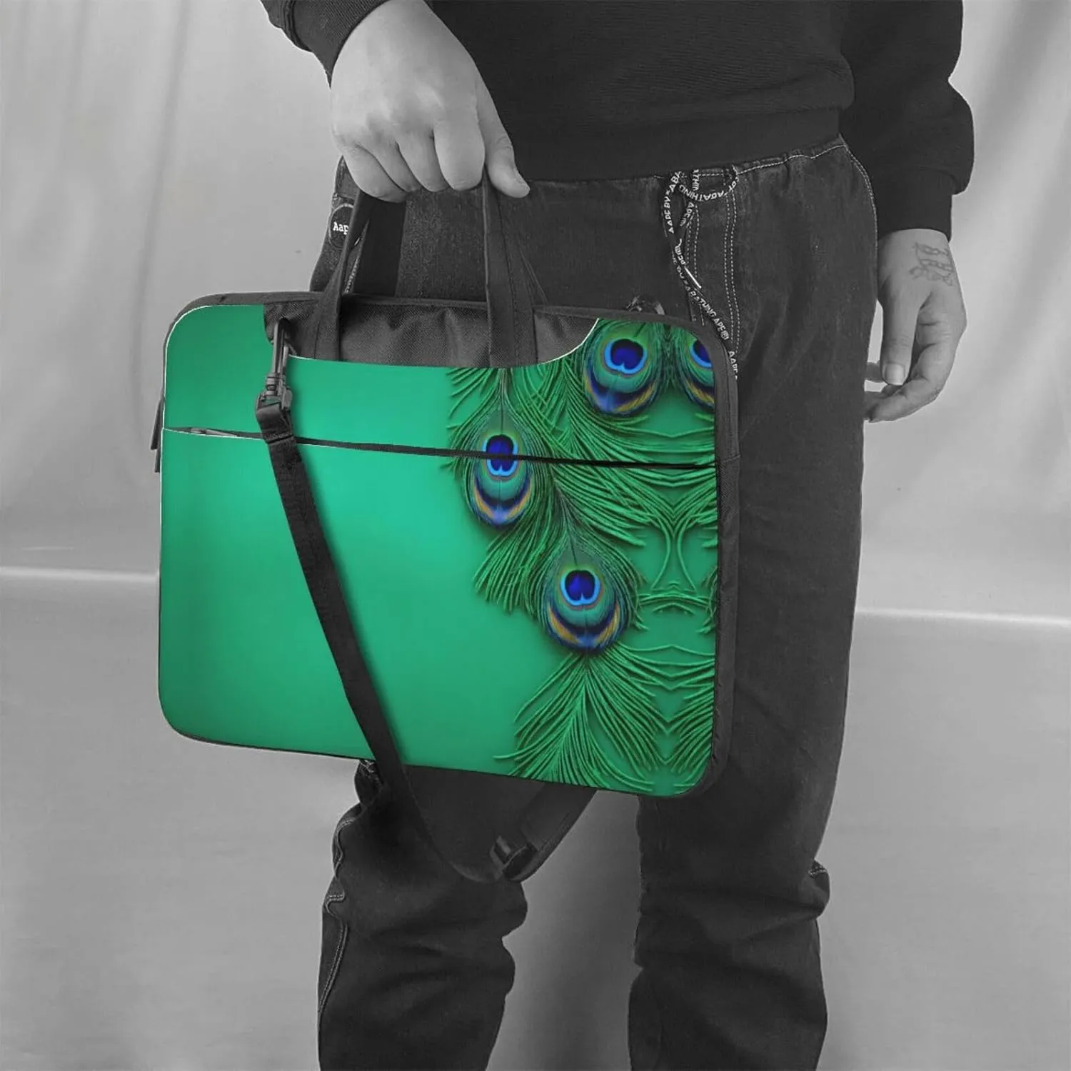 Green Peacock Feather Print Messenger Bag & Case Shoulder Strap Fashionable Laptop Bag for Business Travel