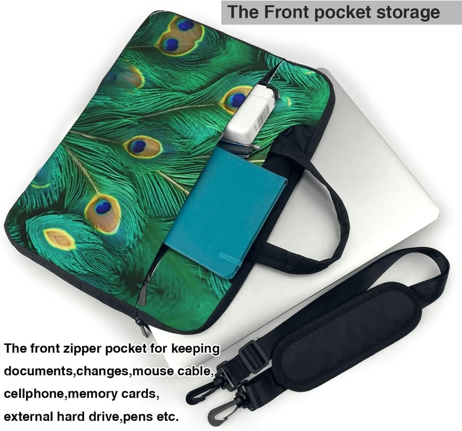 Green Peacock Feather Print Messenger Bag & Case Shoulder Strap Fashionable Laptop Bag for Business Travel