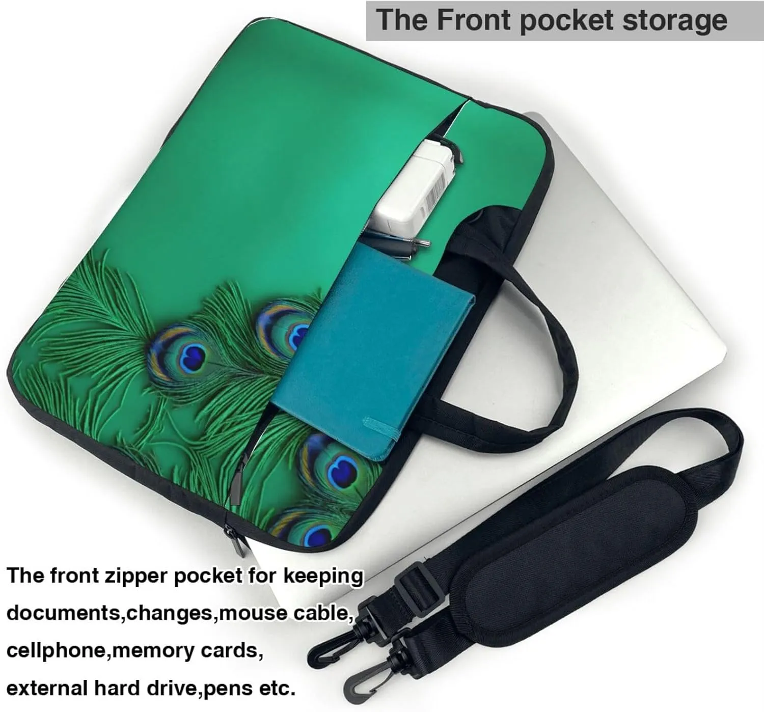 Green Peacock Feather Print Messenger Bag & Case Shoulder Strap Fashionable Laptop Bag for Business Travel