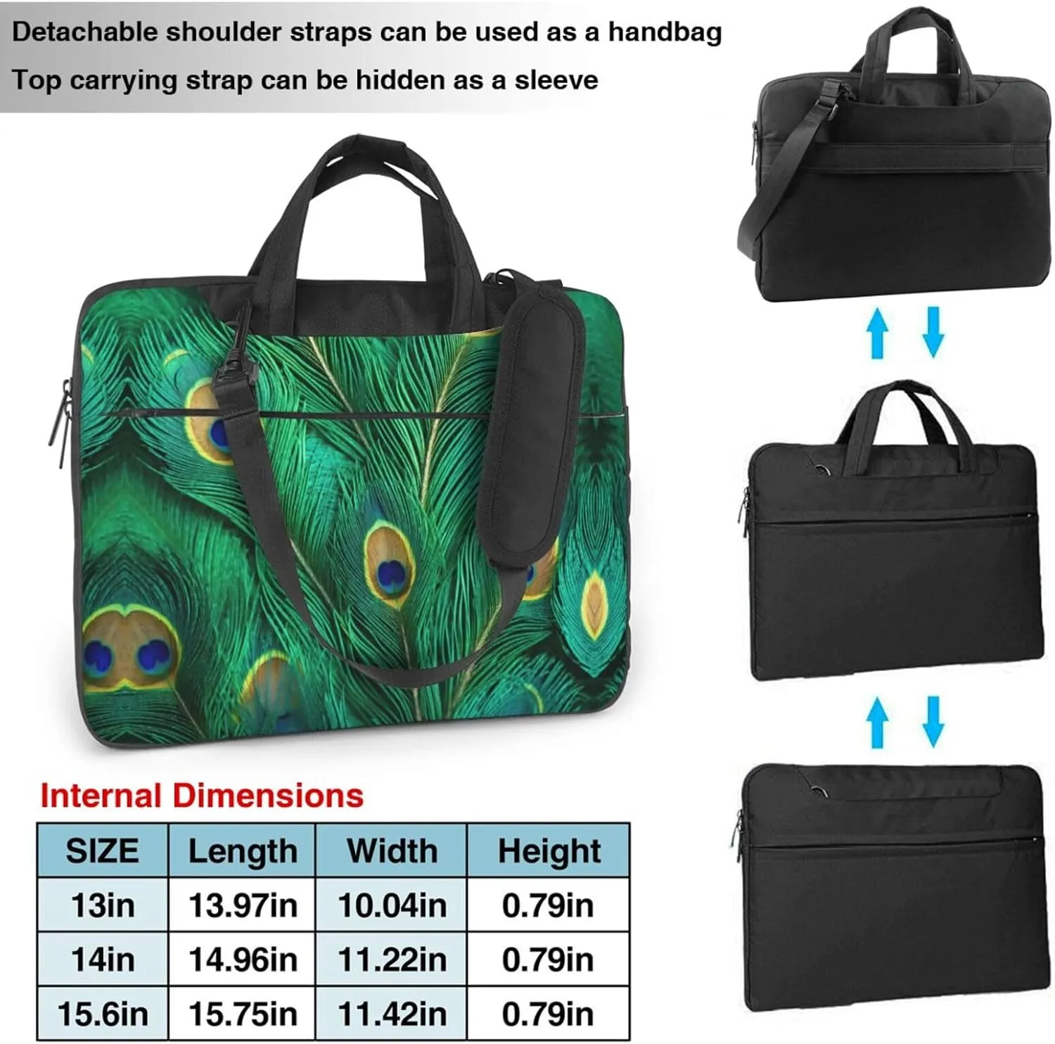 Green Peacock Feather Print Messenger Bag & Case Shoulder Strap Fashionable Laptop Bag for Business Travel