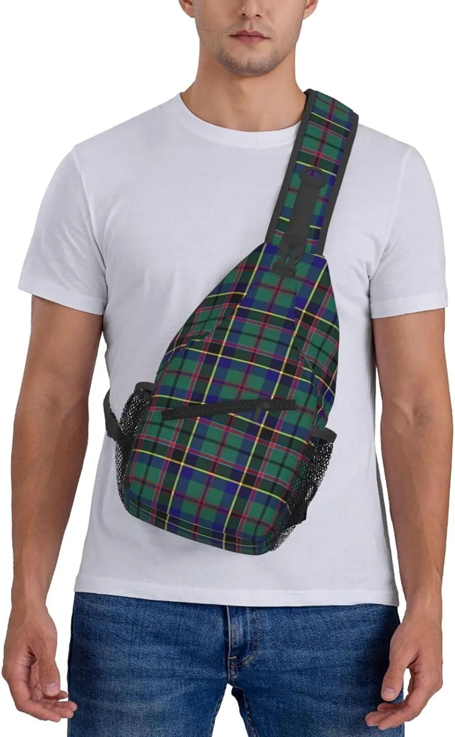 Green Tartan Chest Sling Bag Crossbody Shoulder Backpack Bag Gym Cycling Travel Hiking Daypack Cross Bag