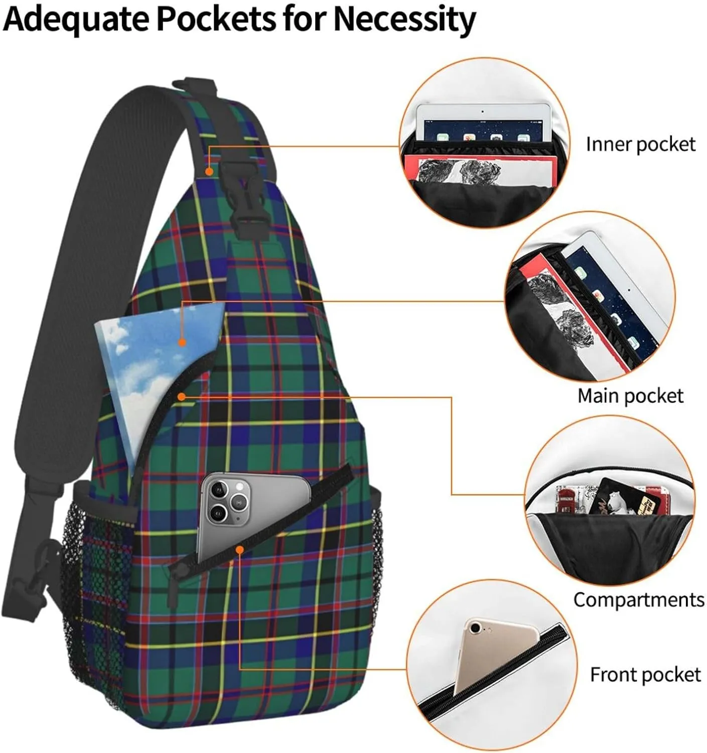 Green Tartan Chest Sling Bag Crossbody Shoulder Backpack Bag Gym Cycling Travel Hiking Daypack Cross Bag