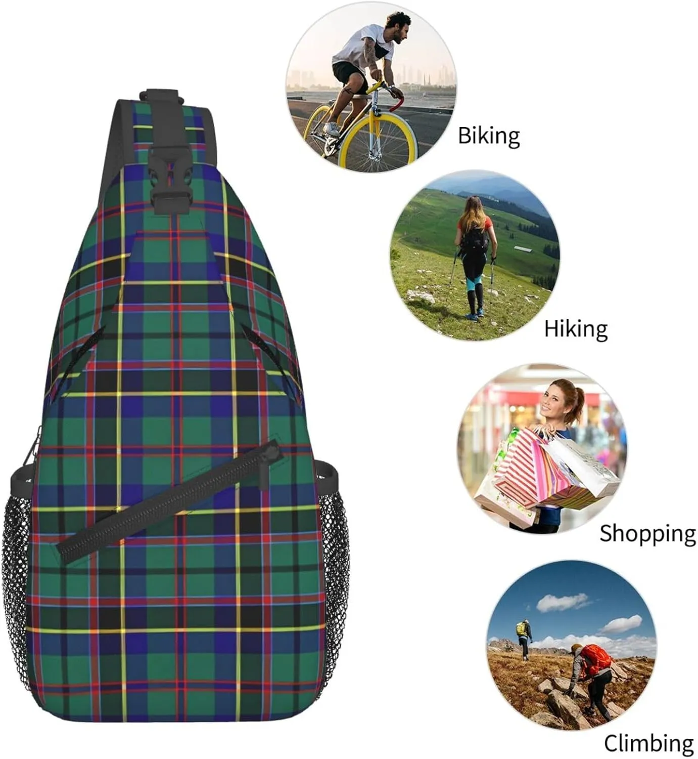 Green Tartan Chest Sling Bag Crossbody Shoulder Backpack Bag Gym Cycling Travel Hiking Daypack Cross Bag