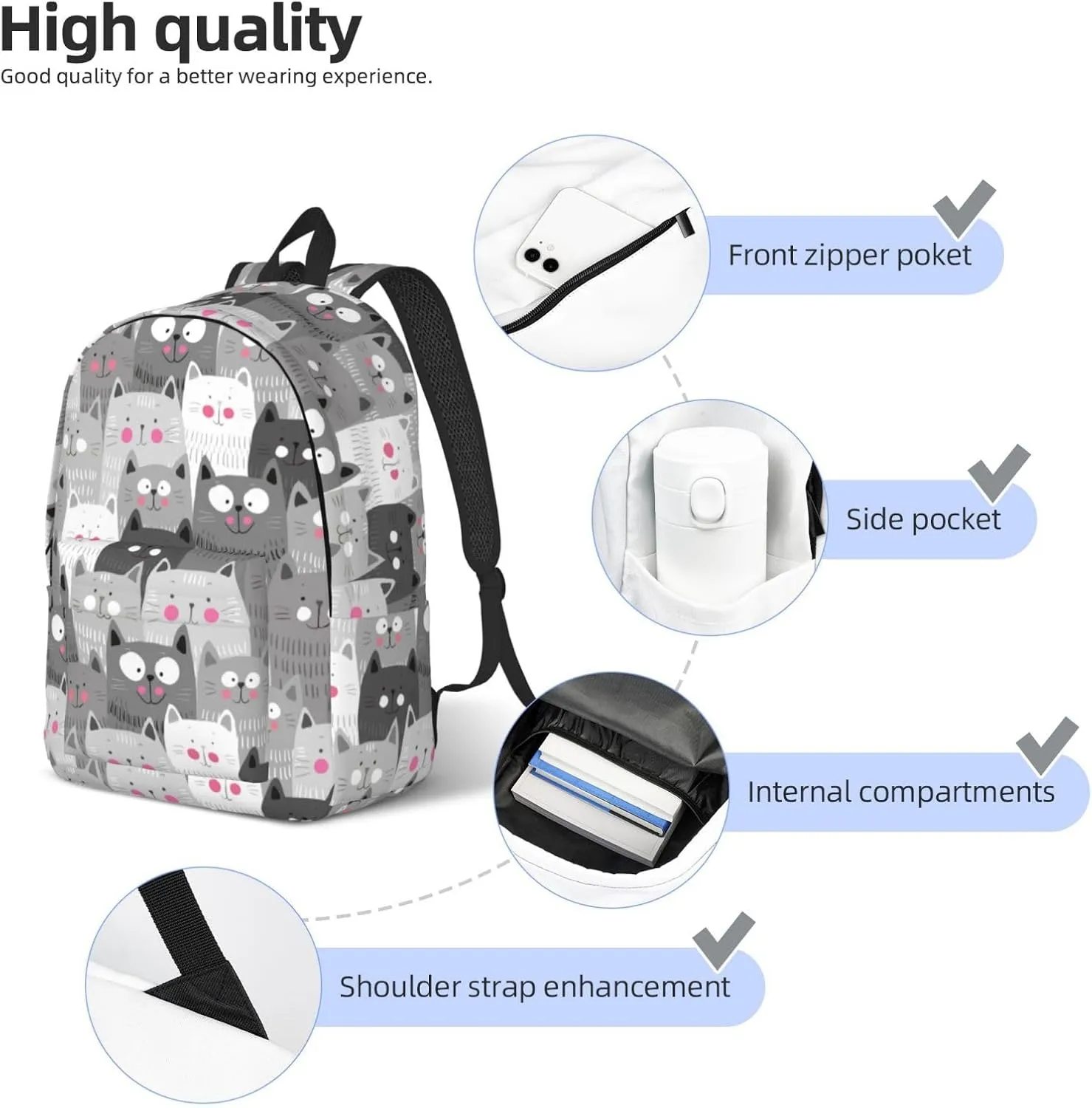 Grey Cute Cats Backpack 15.7 Inch Laptop Backpack Travel Hiking Daypack Multipurpose Bookbag For Men Women