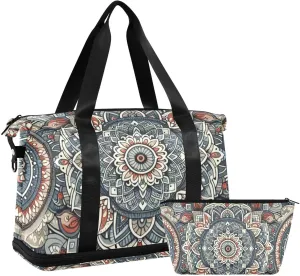 Grey Mandela Print Versatile Sports Travel Bag - Lasting Twill Tote, Removable Wheel & Rod Bagging, Multi-pocket Design, Complimentary Makeup Bag