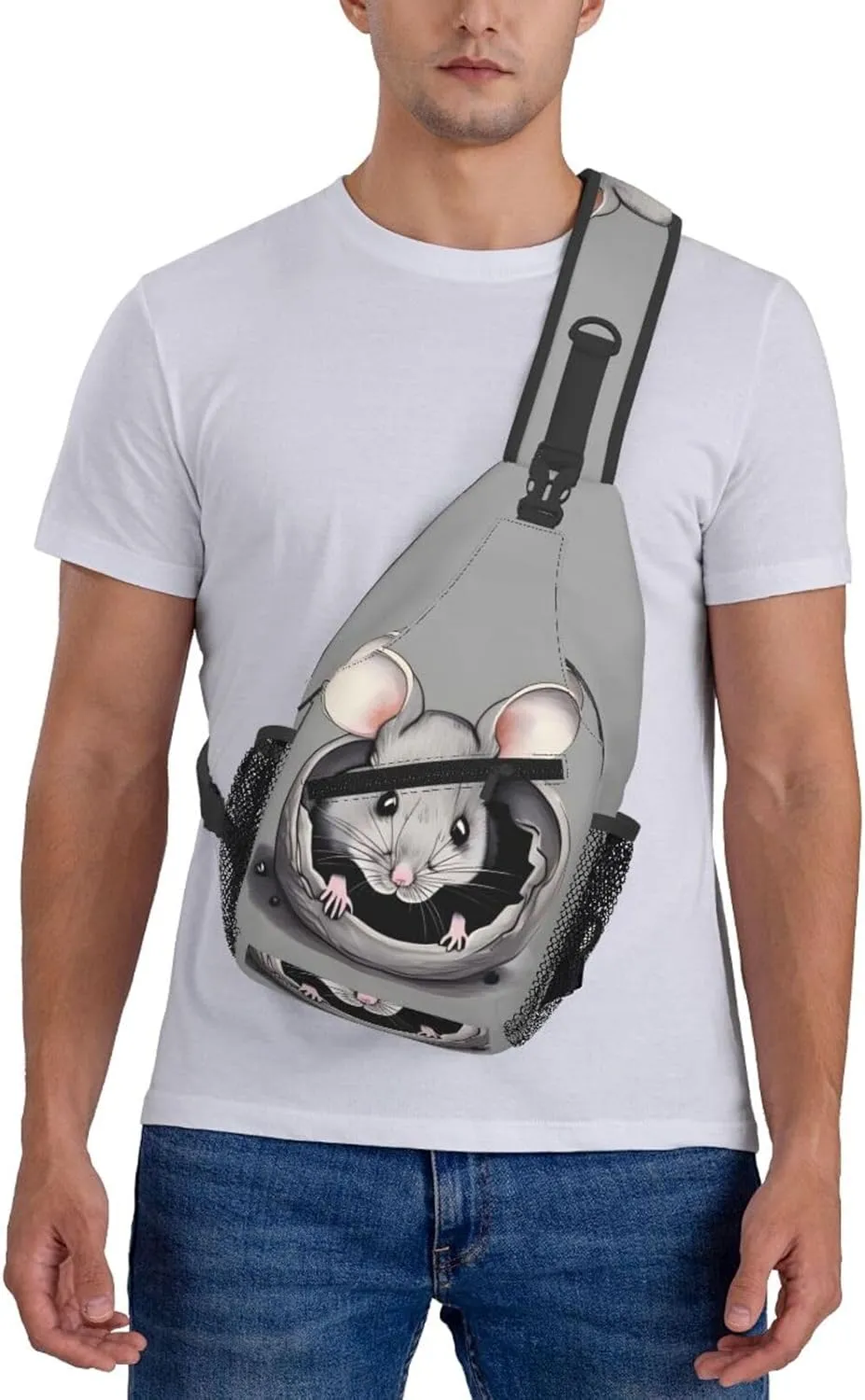 Grey rat Print Men's Cross Chest Bag Diagonally, Cute Crossbody Shoulder Backpack, 7.5" L x 3.5" W x 15.3" H