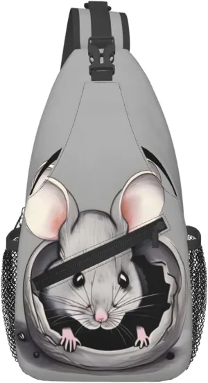 Grey rat Print Men's Cross Chest Bag Diagonally, Cute Crossbody Shoulder Backpack, 7.5" L x 3.5" W x 15.3" H