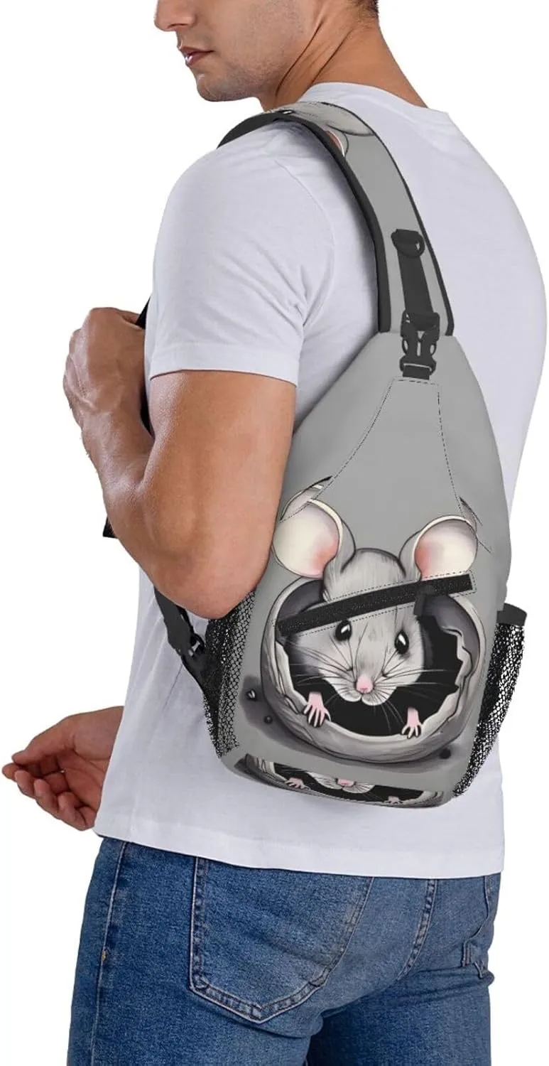 Grey rat Print Men's Cross Chest Bag Diagonally, Cute Crossbody Shoulder Backpack, 7.5" L x 3.5" W x 15.3" H