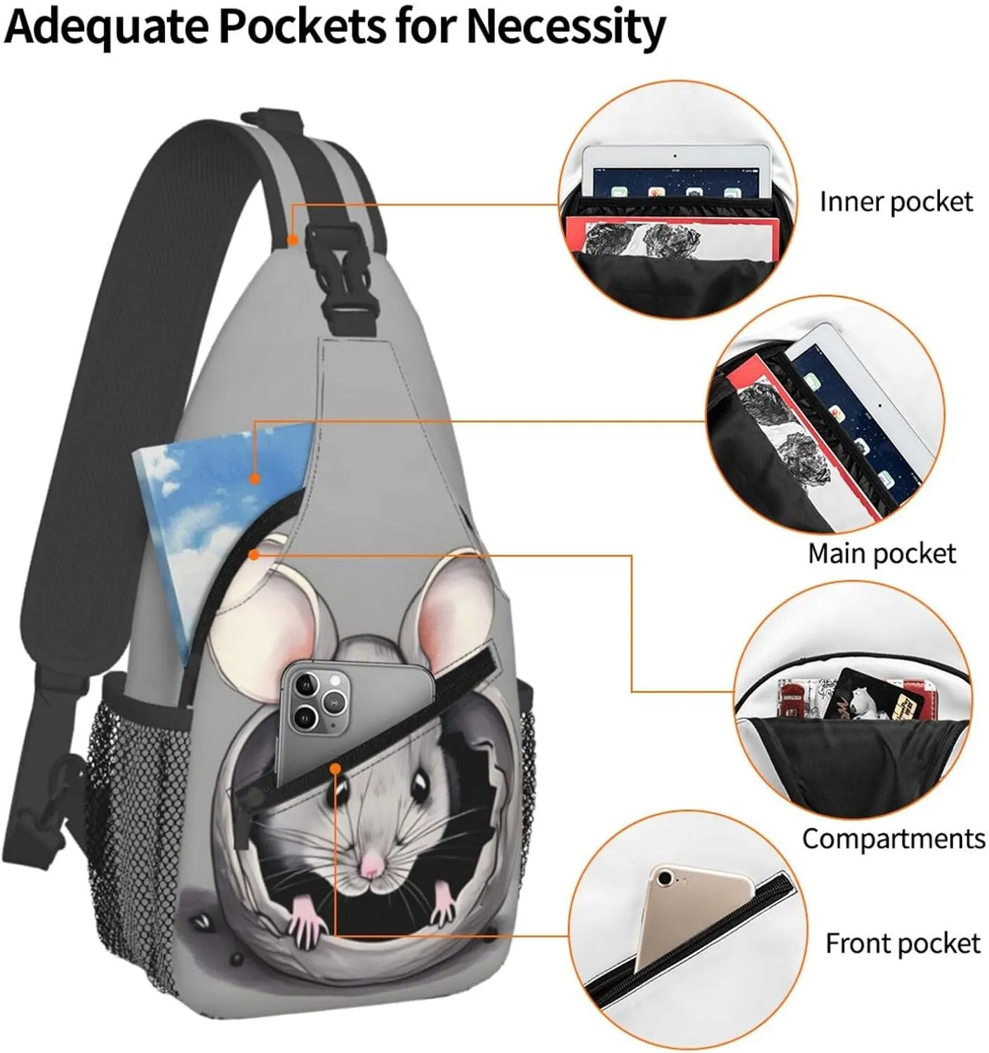 Grey rat Print Men's Cross Chest Bag Diagonally, Cute Crossbody Shoulder Backpack, 7.5" L x 3.5" W x 15.3" H