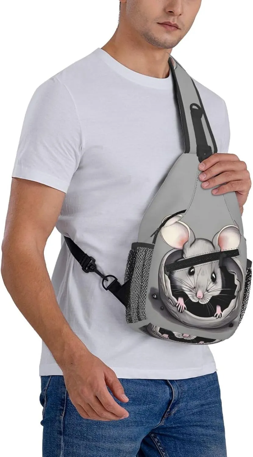 Grey rat Print Men's Cross Chest Bag Diagonally, Cute Crossbody Shoulder Backpack, 7.5" L x 3.5" W x 15.3" H