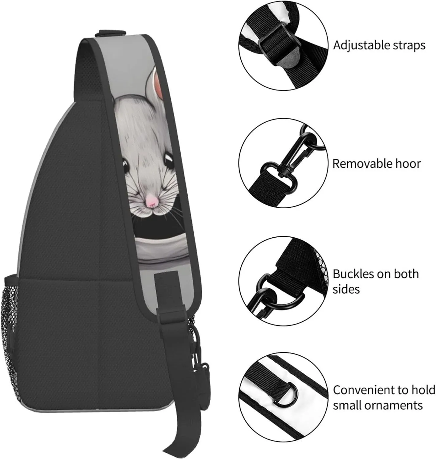 Grey rat Print Men's Cross Chest Bag Diagonally, Cute Crossbody Shoulder Backpack, 7.5" L x 3.5" W x 15.3" H