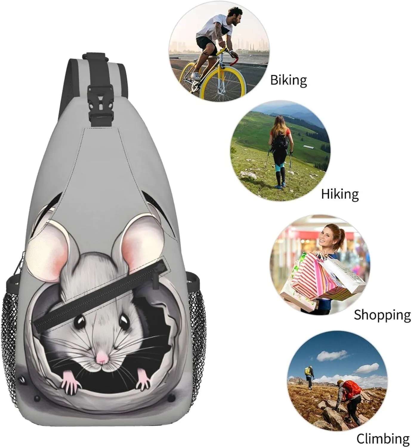 Grey rat Print Men's Cross Chest Bag Diagonally, Cute Crossbody Shoulder Backpack, 7.5" L x 3.5" W x 15.3" H