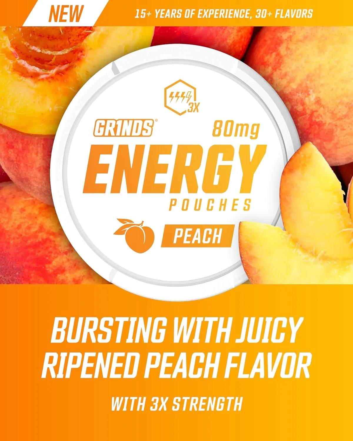 Grinds Energy Pouches - Natural Caffeine Pouches - Contains B-Vitamins, Sugar-Free, & 0 Calories - 80mg of Caffeine in Each Pouch - Peach - 6 Pack, 15 Pouches Per Can