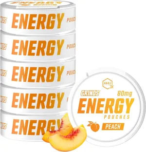 Grinds Energy Pouches - Natural Caffeine Pouches - Contains B-Vitamins, Sugar-Free, & 0 Calories - 80mg of Caffeine in Each Pouch - Peach - 6 Pack, 15 Pouches Per Can