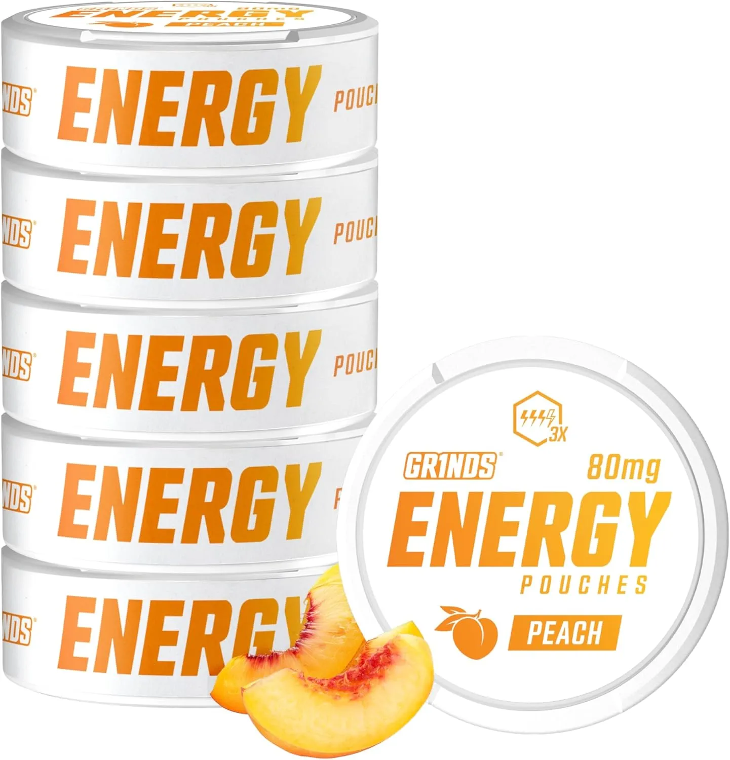 Grinds Energy Pouches - Natural Caffeine Pouches - Contains B-Vitamins, Sugar-Free, & 0 Calories - 80mg of Caffeine in Each Pouch - Peach - 6 Pack, 15 Pouches Per Can