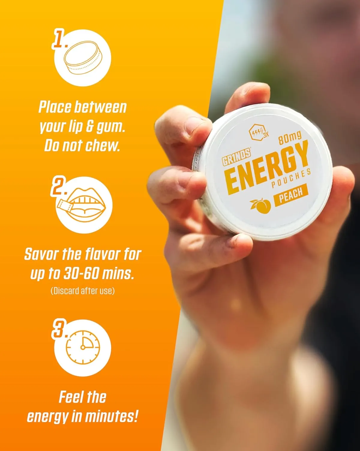 Grinds Energy Pouches - Natural Caffeine Pouches - Contains B-Vitamins, Sugar-Free, & 0 Calories - 80mg of Caffeine in Each Pouch - Peach - 6 Pack, 15 Pouches Per Can