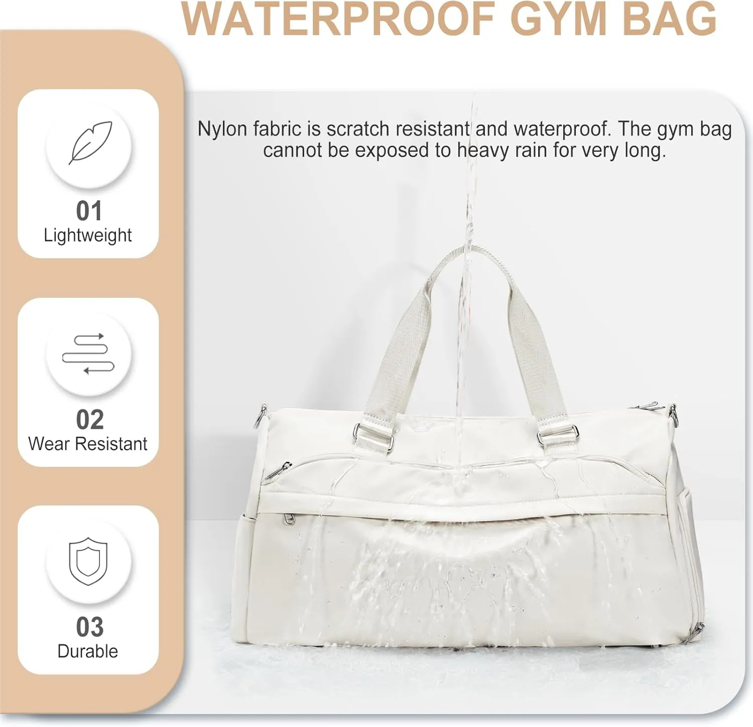 Gym Bag for Women & Men, Sports Duffel Bag Travel Bag with Shoe Compartment, Personal Item Weekender Bags with Wet Pocket, Beige Overnight Bag