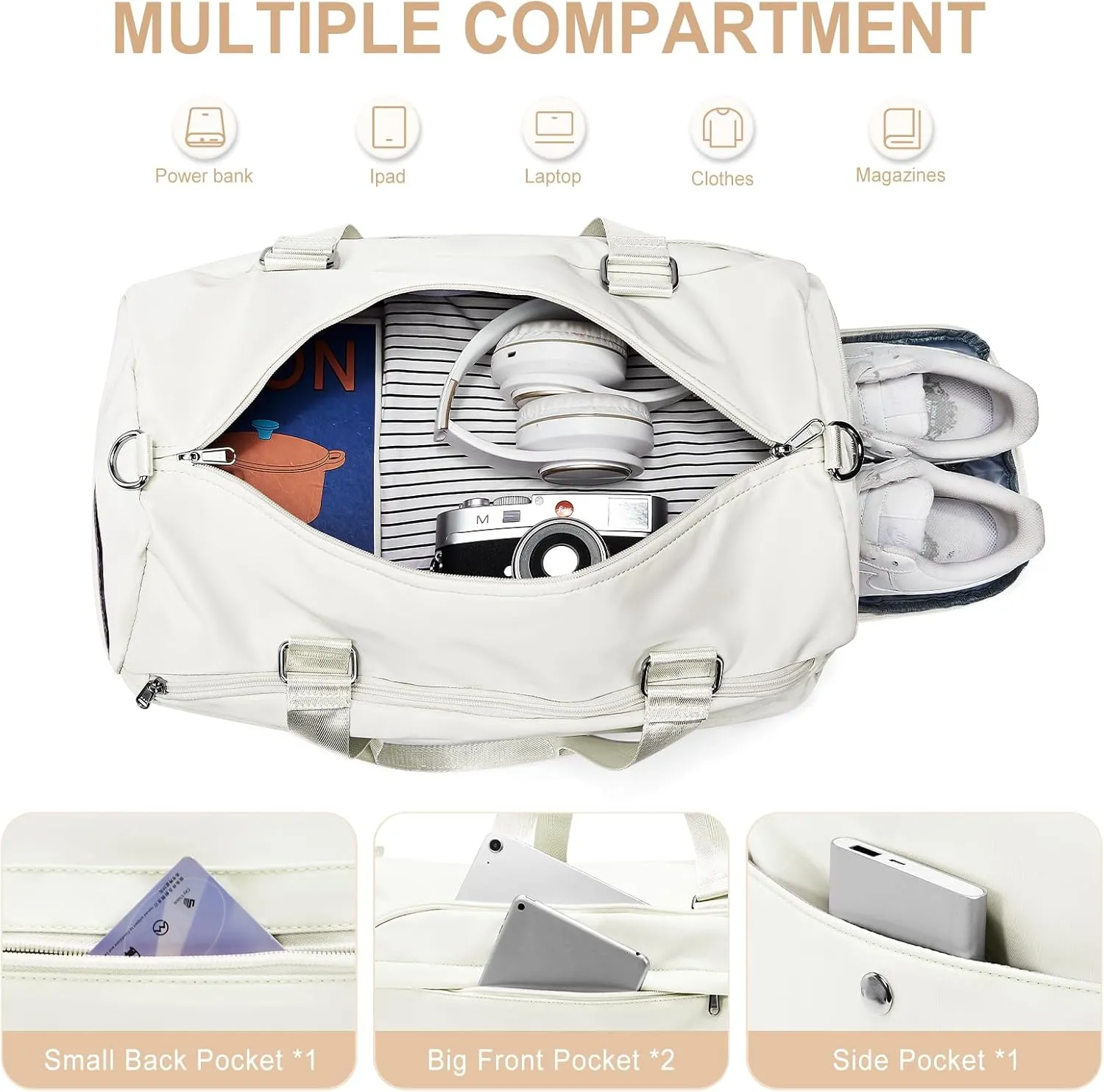 Gym Bag for Women & Men, Sports Duffel Bag Travel Bag with Shoe Compartment, Personal Item Weekender Bags with Wet Pocket, Beige Overnight Bag