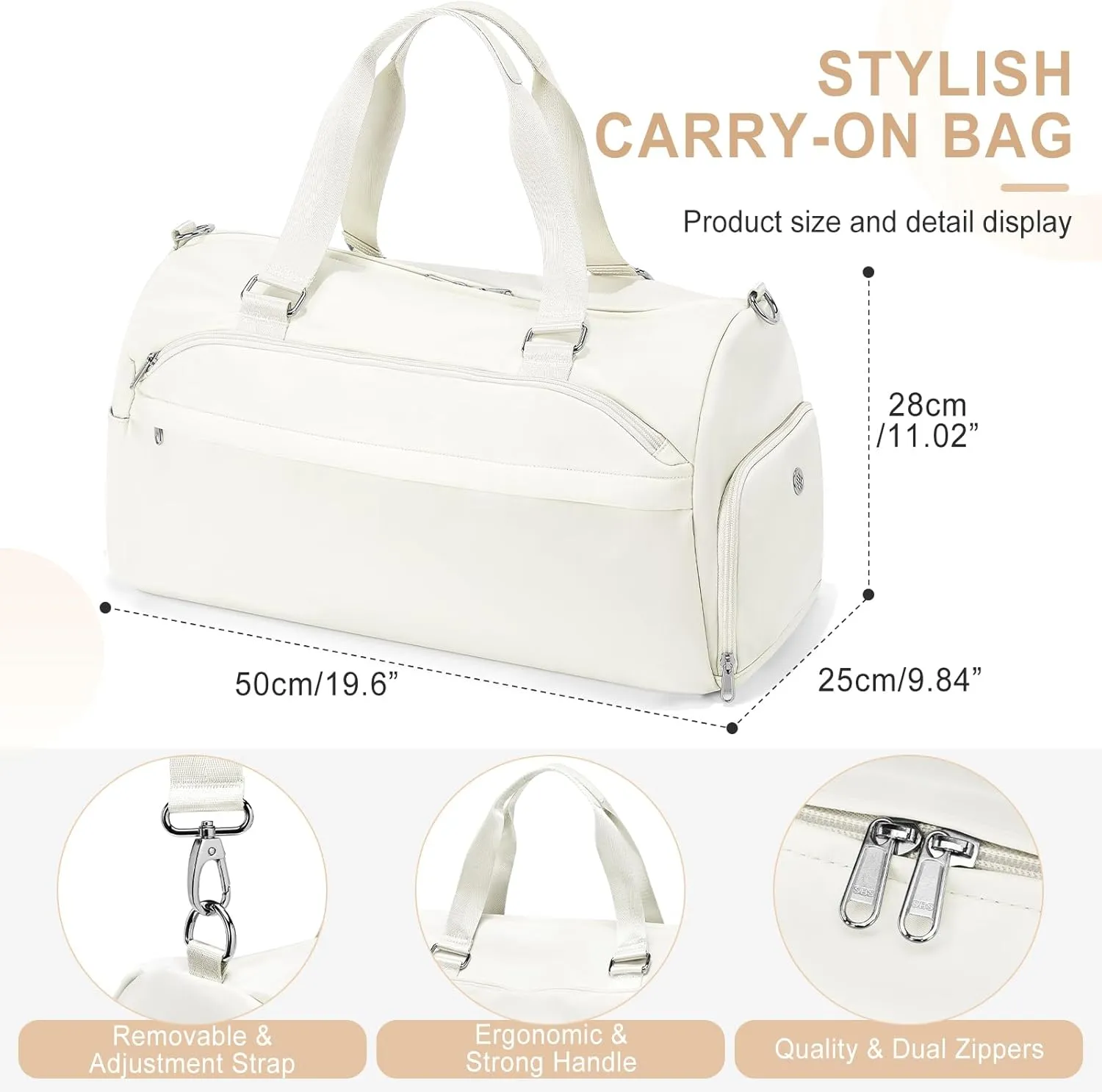 Gym Bag for Women & Men, Sports Duffel Bag Travel Bag with Shoe Compartment, Personal Item Weekender Bags with Wet Pocket, Beige Overnight Bag