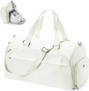 Gym Bag for Women & Men, Sports Duffel Bag Travel Bag with Shoe Compartment, Personal Item Weekender Bags with Wet Pocket, Beige Overnight Bag