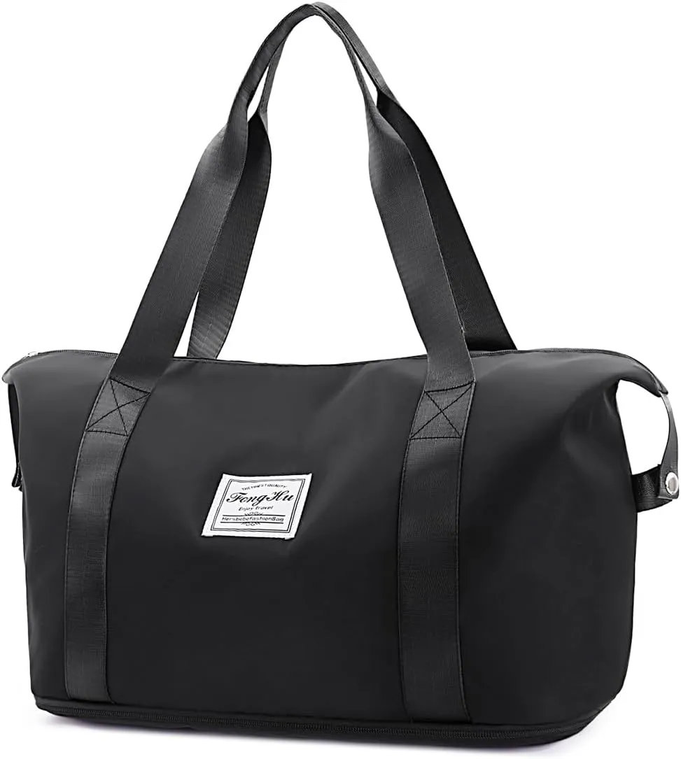 Gym Bag for Women Men Travel Duffel Bag Large Expandable Weekender Carry-on Tote Overnight Bag Portable Travel Lightweight Waterproof Bag Black