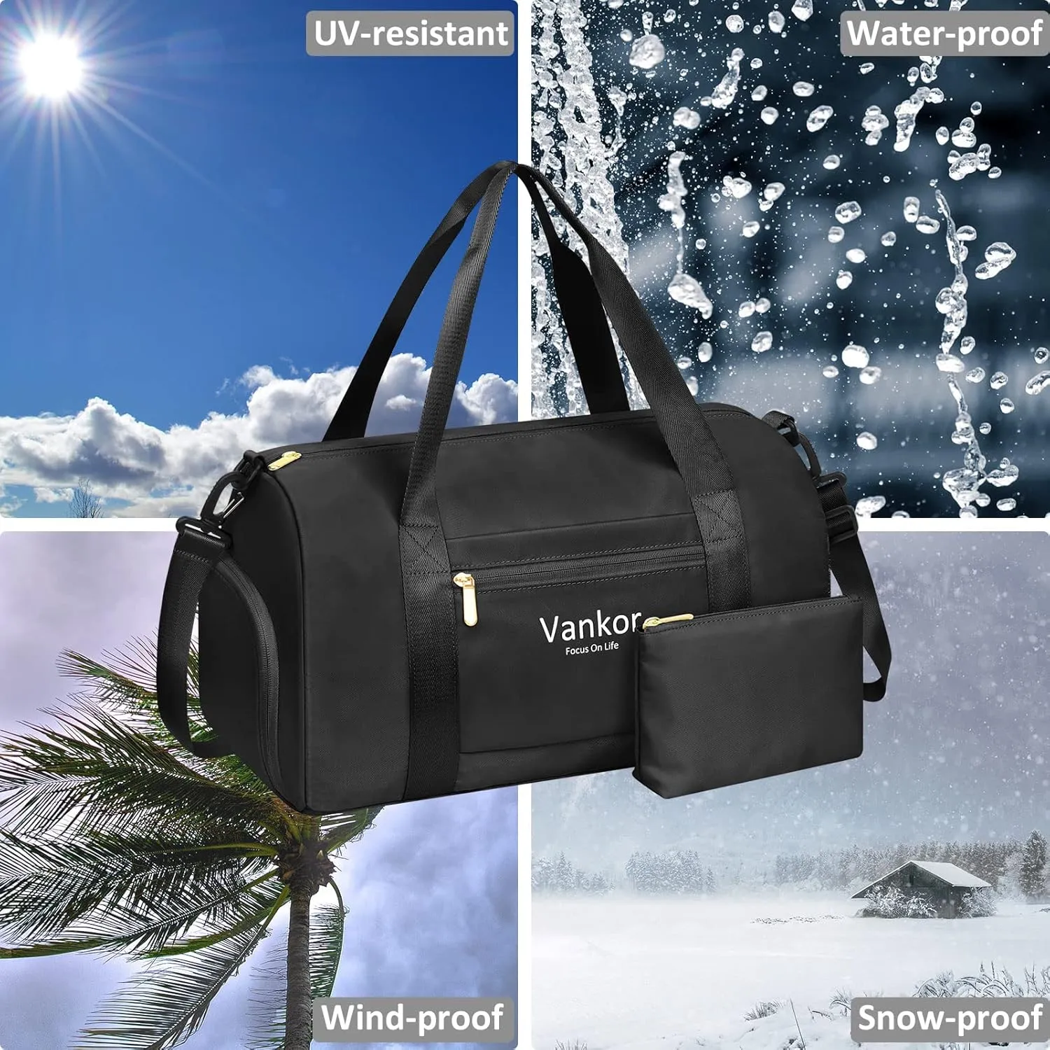 Gym Bag for Women with Shoe Compartment Waterproof, Sports Duffle Bag for Travel Duffel Weekender Carry on Beach Yoga Overnight Luggage Mommy Maternity Hospital Bag Black 17.5 Inch